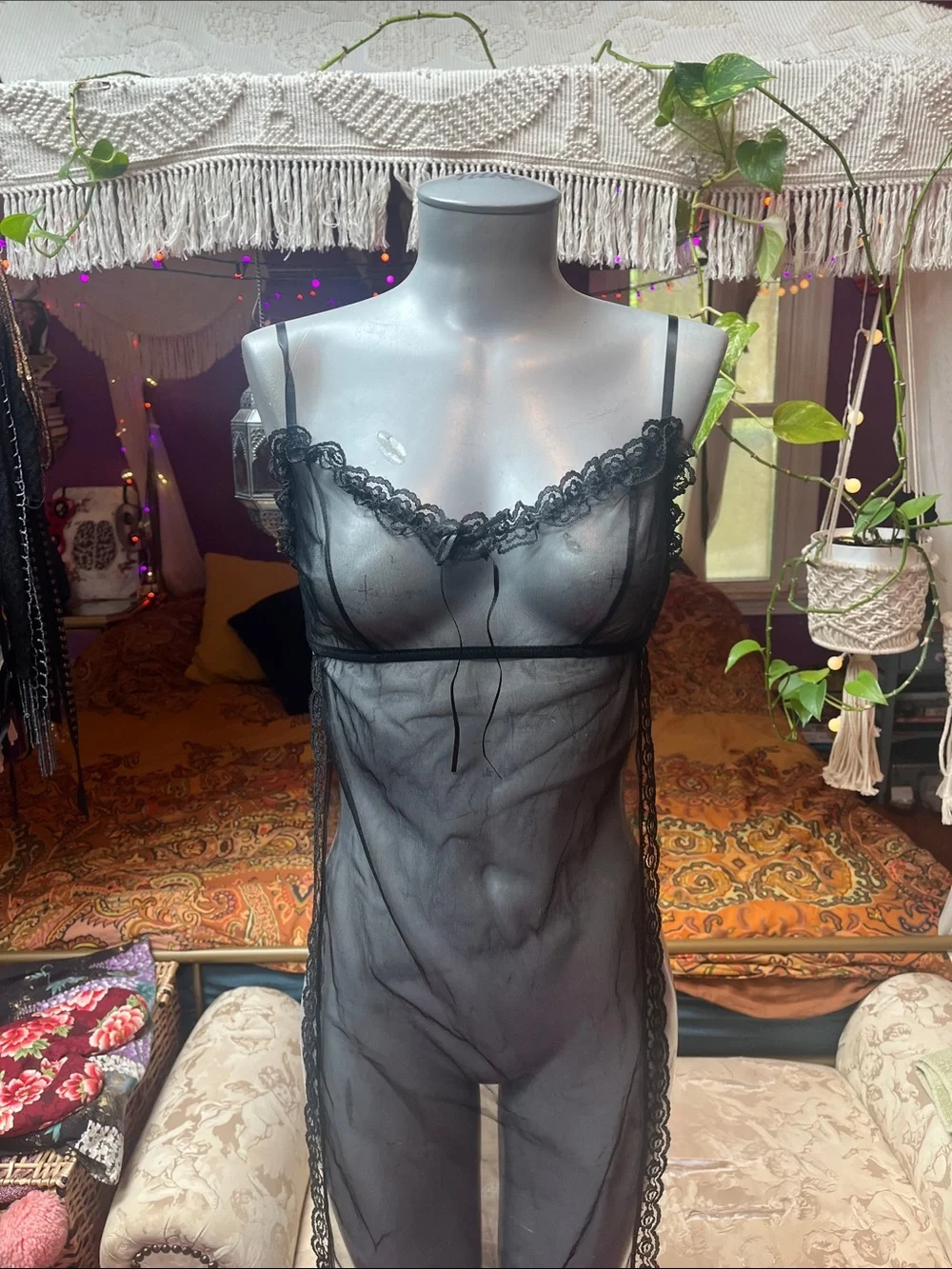 Vintage Goth black sheer mesh lace trim slit sides overlay maxi lingerie dress - Picture 2 of 6